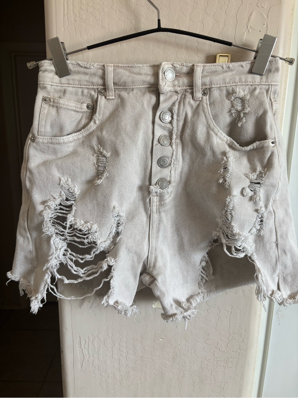 Signature Women’s Distressed High-Waist Denim Shorts - Light Beige, Size Small